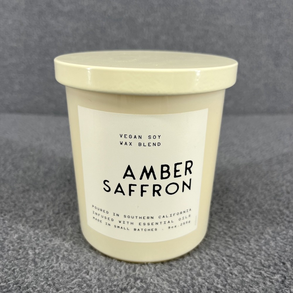 Leoben Co‎ Amber & Saffron Vegan Soy Wax Blend Candle 9 oz beige glass